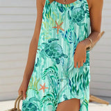Babe Beachwear turquoise turtle beach dress mini dress with sea turtle and starfish print sleeveless design