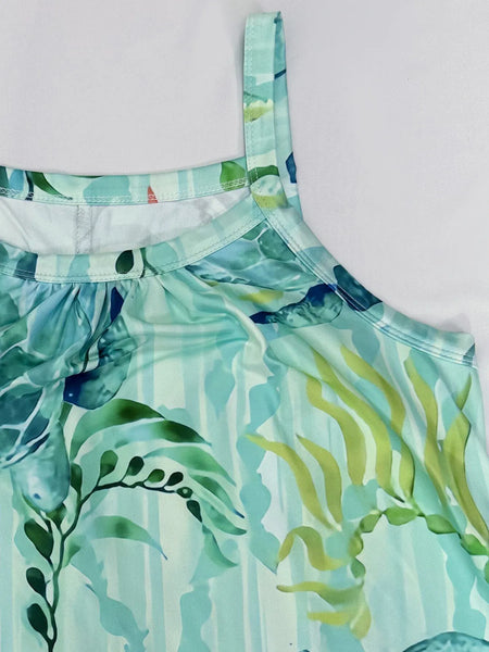 Babe Beachwear turquoise turtle beach dress mini dress with green and blue tropical print