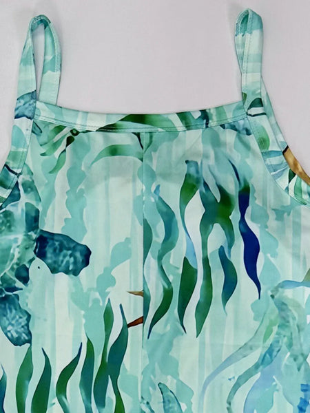 Babe Beachwear turquoise turtle beach dress mini dress with seaweed and turtle print design