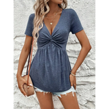 Babe Beachwear twisted front v-neck t-shirt for women in blue worn with denim shorts