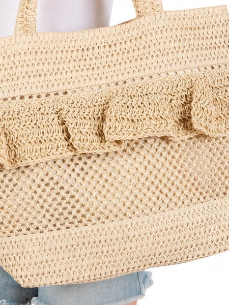 Artini Accessories uniqe ruffle straw bag featuring woven texture and decorative ruffle detail
