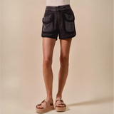 Trendsi vacation denim shorts for women in black with large front pockets and button closure