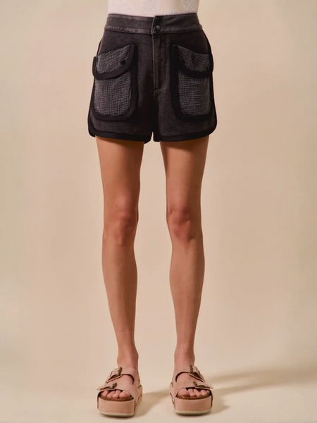 Trendsi vacation denim shorts for women in black with front large patch pockets