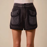 Trendsi vacation denim shorts for women in black with large textured front pockets