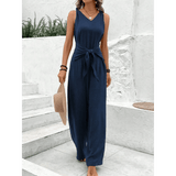 Navy blue sleeveless jumpsuit with waist tie from Babe Beachwear perfect vacation dinner outfit for women