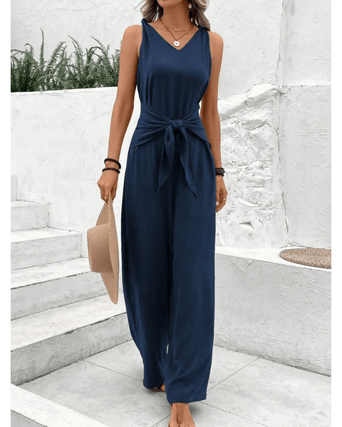 Navy blue sleeveless jumpsuit with waist tie from Babe Beachwear perfect vacation dinner outfit for women