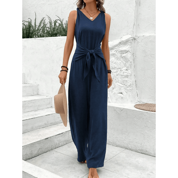 Navy blue sleeveless jumpsuit with waist tie from Babe Beachwear perfect vacation dinner outfit for women