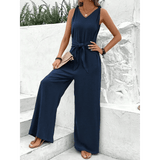 Babe Beachwear navy sleeveless jumpsuit with wide legs and tie waist vacation dinner outfit for women