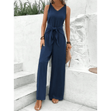 Babe Beachwear navy blue sleeveless jumpsuit with waist tie, perfect vacation dinner outfit for women