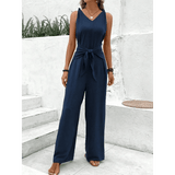Babe Beachwaer navy blue sleeveless jumpsuit with waist tie, perfect vacation dinner outfit for women
