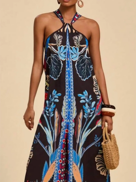 Babe Beachwear vacation halter jumpsuit outfit with vibrant blue floral print and relaxed fit