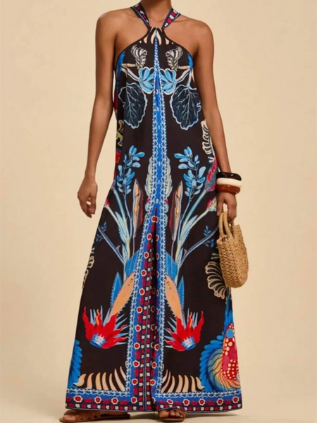 Babe Beachwear vacation halter jumpsuit outfit with vibrant floral print and wide-leg design