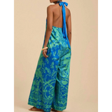 Babe Beachwear blue and green printed backless vacation halter jumpsuit outfit with wide legs