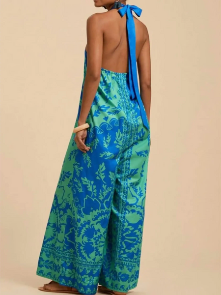 Babe Beachwear blue and green printed backless vacation halter jumpsuit outfit with wide legs