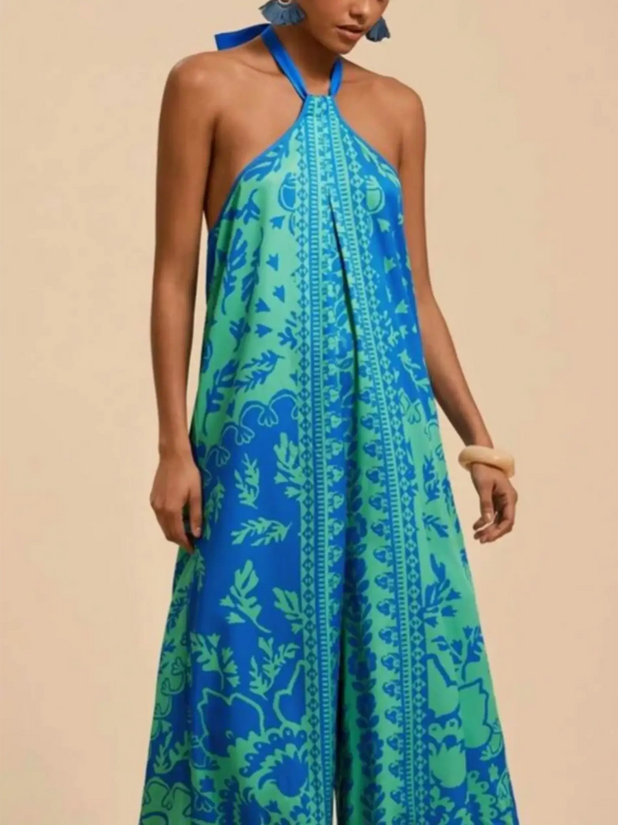 Babe Beachwaer blue and green patterned vacation halter jumpsuit outfit with sleeveless design