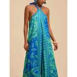 Babe Beachwaer blue and green patterned vacation halter jumpsuit outfit with sleeveless design