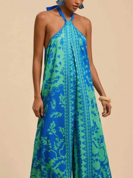 Babe Beachwaer blue and green patterned vacation halter jumpsuit outfit with sleeveless design