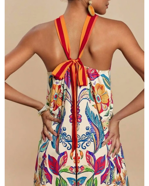 Babe Beachwear colorful floral vacation halter jumpsuit outfit with red and orange striped tie back