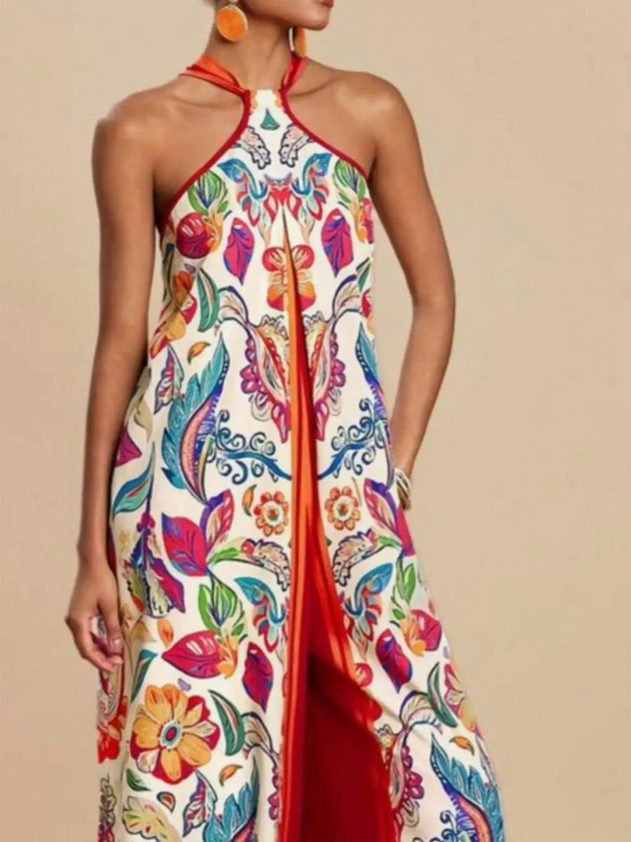Babe Beachwaer colorful floral vacation halter jumpsuit outfit with red trim and sleeveless design