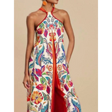 Babe Beachwaer colorful floral vacation halter jumpsuit outfit with red trim and sleeveless design