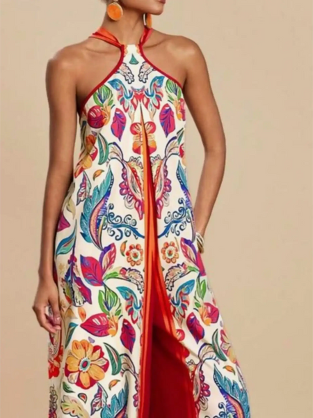 Babe Beachwaer colorful floral vacation halter jumpsuit outfit with red trim and sleeveless design