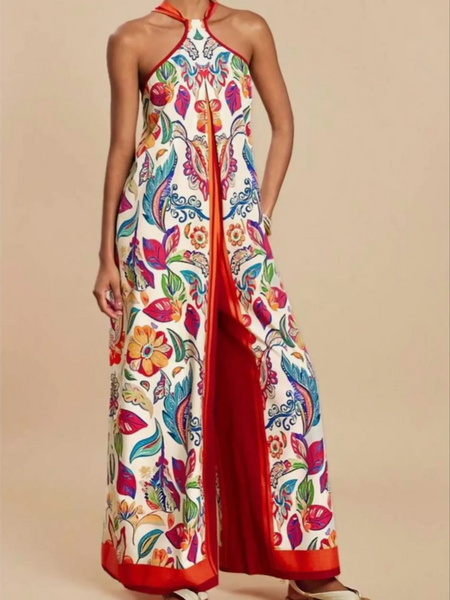 Babe Beachwear colorful floral vacation halter jumpsuit outfit with wide legs and red trim