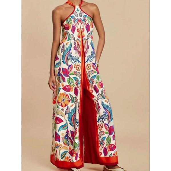 Babe Beachwear colorful floral vacation halter jumpsuit outfit with wide legs and red trim