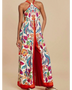 Babe Beachwear colorful floral vacation halter jumpsuit outfit with wide legs and red trim
