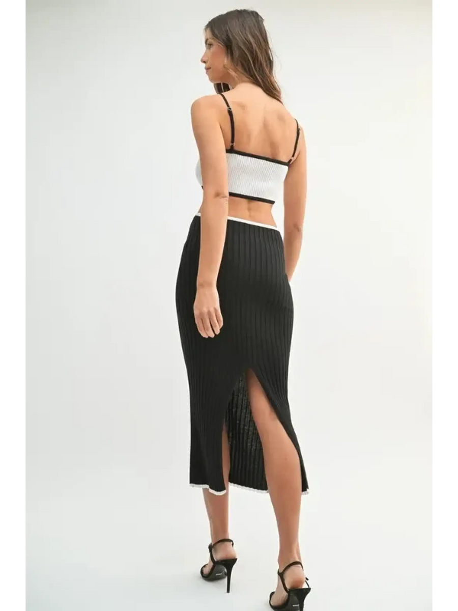 vacation knit midi dress for women in black with back slit and ribbed texture
