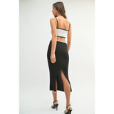 vacation knit midi dress for women in black with back slit and ribbed texture