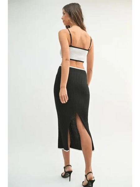 vacation knit midi dress for women in black with back slit and ribbed texture