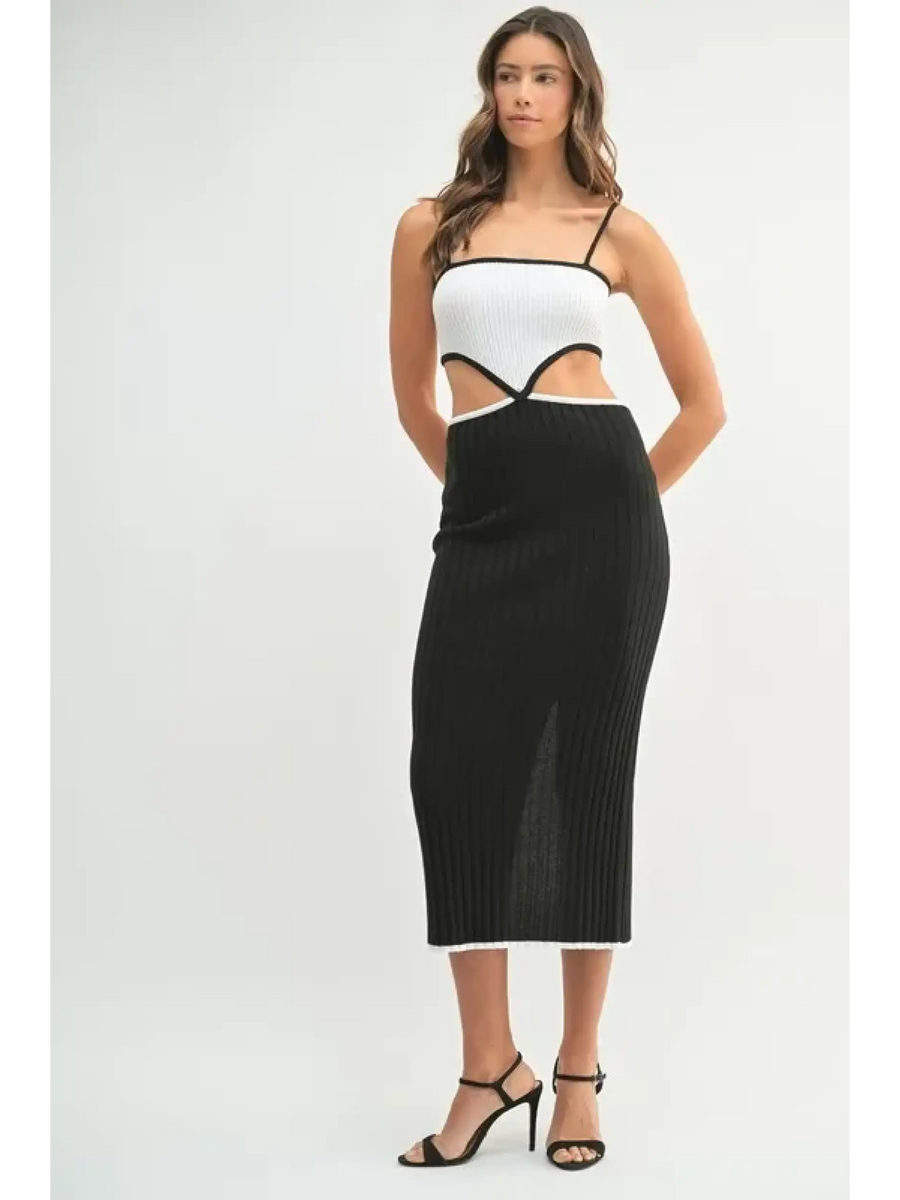 Trendsi black and white vacation knit midi dress for women with spaghetti straps and cutout details