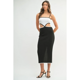 Trendsi black and white vacation knit midi dress for women with spaghetti straps and cutout details