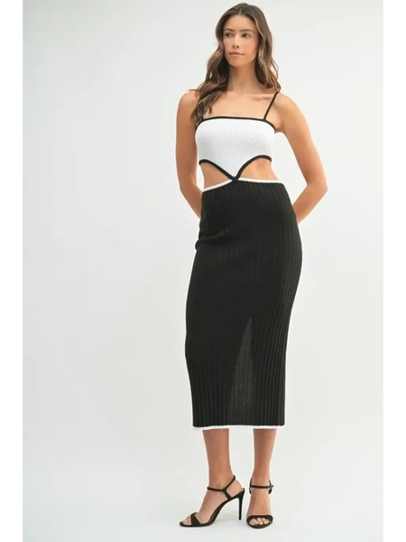 Trendsi black and white vacation knit midi dress for women with spaghetti straps and cutout details