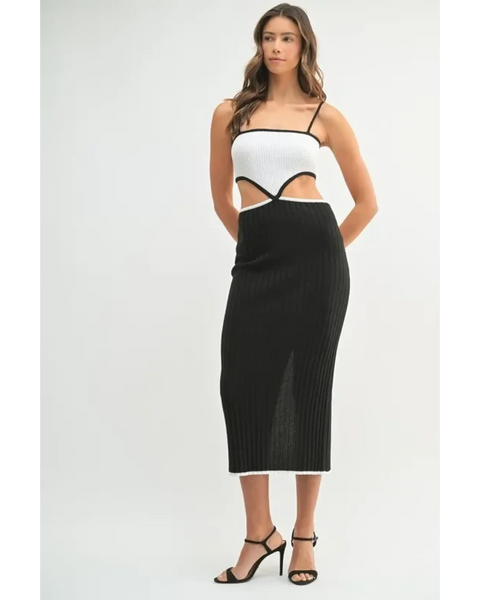 Trendsi black and white vacation knit midi dress for women with spaghetti straps and cutout details
