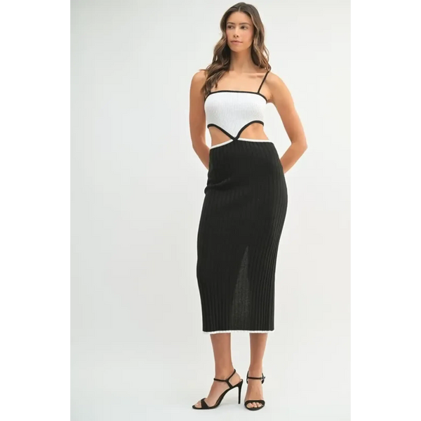 Trendsi black and white vacation knit midi dress for women with spaghetti straps and cutout details