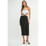  vacation knit midi dress for women with black and white cutout design and spaghetti straps