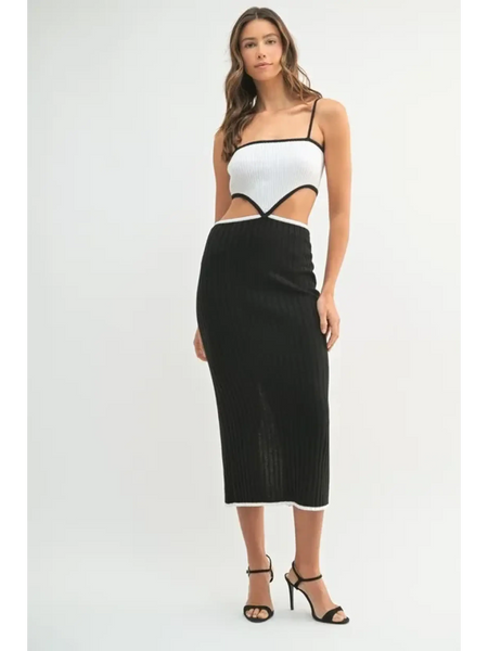  vacation knit midi dress for women with black and white cutout design and spaghetti straps