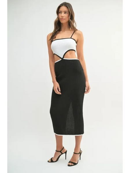 Trendsi vacation knit midi dress for women in black and white with cutout detail and spaghetti straps