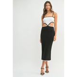 vacation knit midi dress for women with black and white cutout design and spaghetti straps