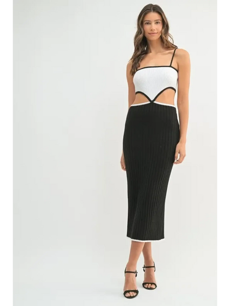 vacation knit midi dress for women with black and white cutout design and spaghetti straps