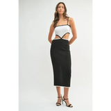 vacation knit midi dress for women in black and white with cutout details and spaghetti straps
