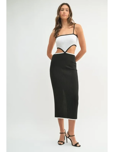 vacation knit midi dress for women in black and white with cutout details and spaghetti straps