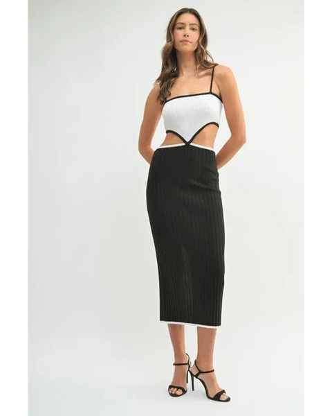 vacation knit midi dress for women in black and white with cutout details and spaghetti straps