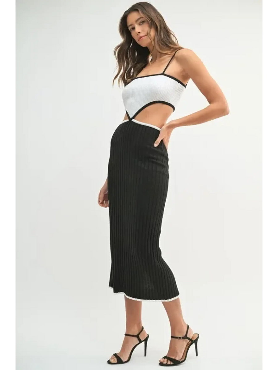 vacation knit midi dress for women in black and white with cutout design and spaghetti straps