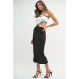 vacation knit midi dress for women in black and white with cutout design and spaghetti straps