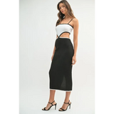 vacation knit midi dress for women with black and white color block and cutout detail