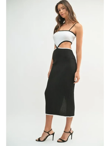 vacation knit midi dress for women with black and white color block and cutout detail