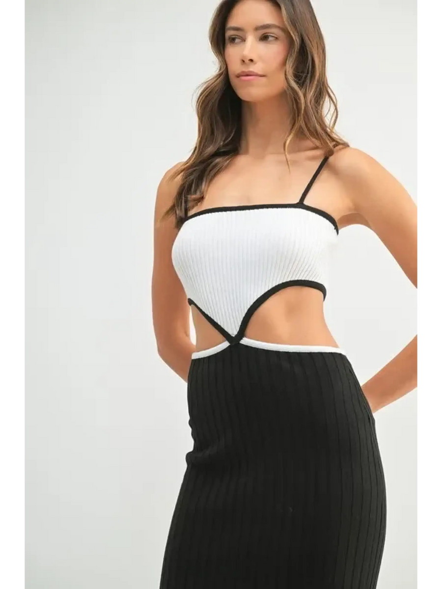 black and white vacation knit midi dress for women with cutout and spaghetti straps