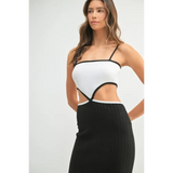 black and white vacation knit midi dress for women with cutout and spaghetti straps